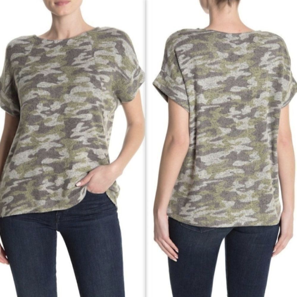 Bobeau Short Sleeve Hacci T-Shirt in Green Camo
